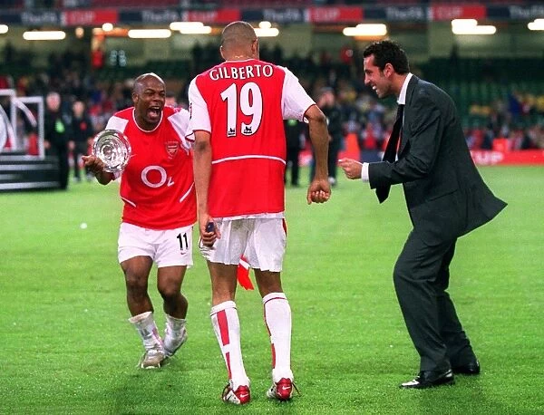 Sylvain Wiltord, Gilberto and Edu celebrate after the match