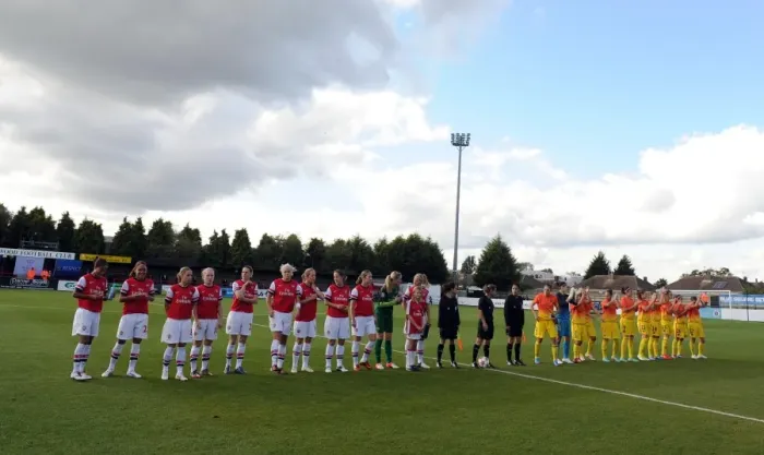 Framed Print : The teams line up before the match. Arsenal Ladies 4: 0 Barcelona. UEFA Womens Champions League Framed Print : The teams line up before the match. Arsenal Ladies 4: 0 Barcelona. UEFA Womens Champions League