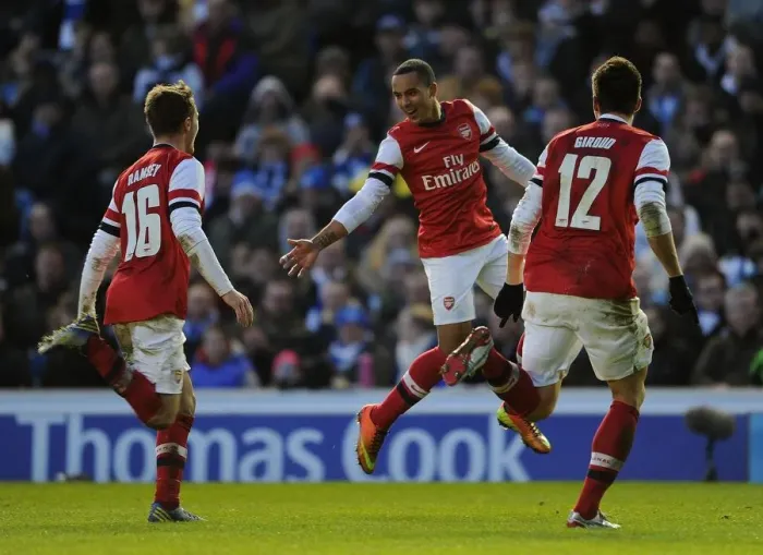 Framed Print : Theo Walcott, Aaron Ramsey, and Olivier Giroud Celebrate Goals in Arsenal's FA Cup Victory over Brighton & Hove Albion