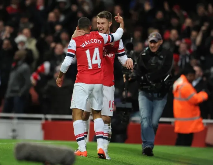 Framed Print : Theo Walcott and Aaron Ramsey Celebrate Arsenal's Second Goal vs. Liverpool (2013)