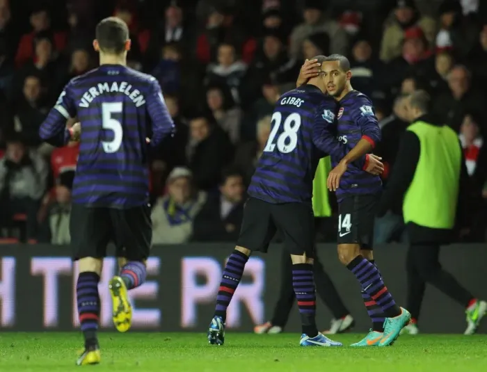Framed Print : Theo Walcott (Arsenal) is congratulated on the cross that lead to the Arsenal goal