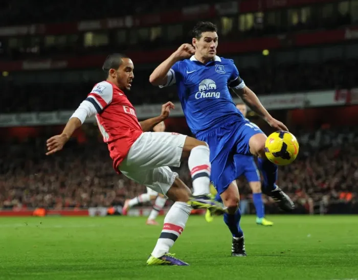 Framed Print : Theo Walcott (Arsenal) Gareth Barry (Everton). Arsenal 1: 1 Everton. Barclays Premier League