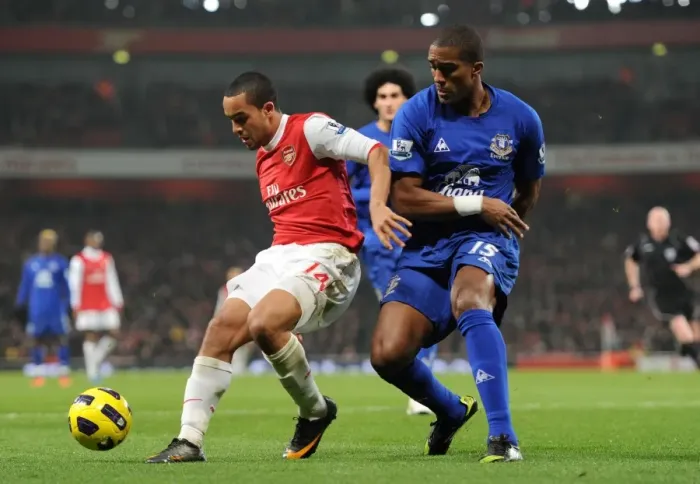 Framed Print : Theo Walcott (Arsenal) Sylvain Distin (Everton). Arsenal 2: 1 Everton. Barclays Premier League Framed Print : Theo Walcott (Arsenal) Sylvain Distin (Everton). Arsenal 2: 1 Everton. Barclays Premier League