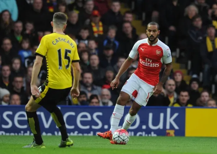 Framed Print : Theo Walcott (Arsenal). Watford 0: 3 Arsenal. Barclays Premier League. Vicarage Road