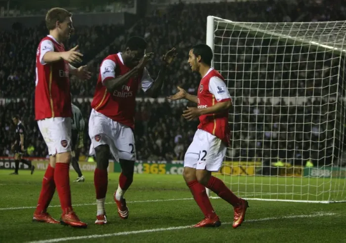 Framed Print : Theo Walcott celebrates scoring the 4th Arsenal goal with Emmanuel Adebayor Framed Print : Theo Walcott celebrates scoring the 4th Arsenal goal with Emmanuel Adebayor
