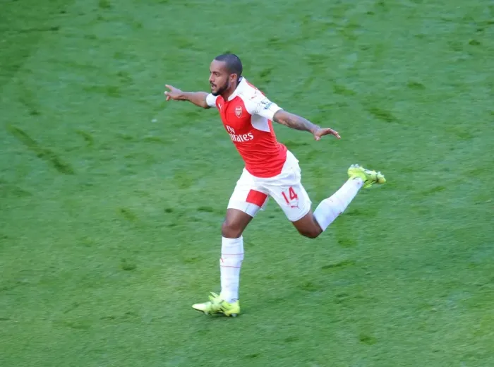 Framed Print : Theo Walcott celebrates scoring Arsenals 1st goal Framed Print : Theo Walcott celebrates scoring Arsenals 1st goal