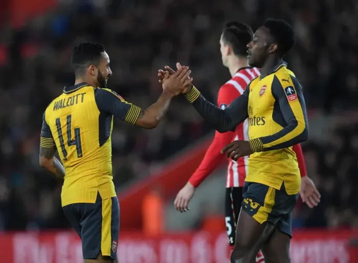 Framed Print : Theo Walcott and Danny Welbeck Celebrate Goals: Southampton vs. Arsenal, FA Cup 2016-17