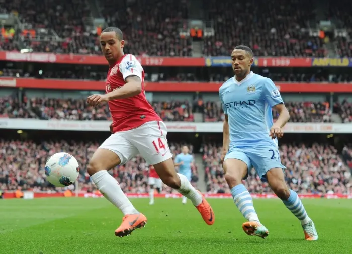 Framed Print : Theo Walcott Dashes Past Gael Clichy: Arsenal vs Manchester City, Premier League 2011-12