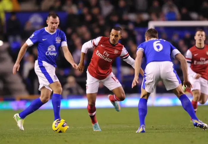 Framed Print : Theo Walcott Faces Off Against Darren Gibson and Phil Jagielka in Everton vs Arsenal Premier League Clash Framed Print : Theo Walcott Faces Off Against Darren Gibson and Phil Jagielka in Everton vs Arsenal Premier League Clash