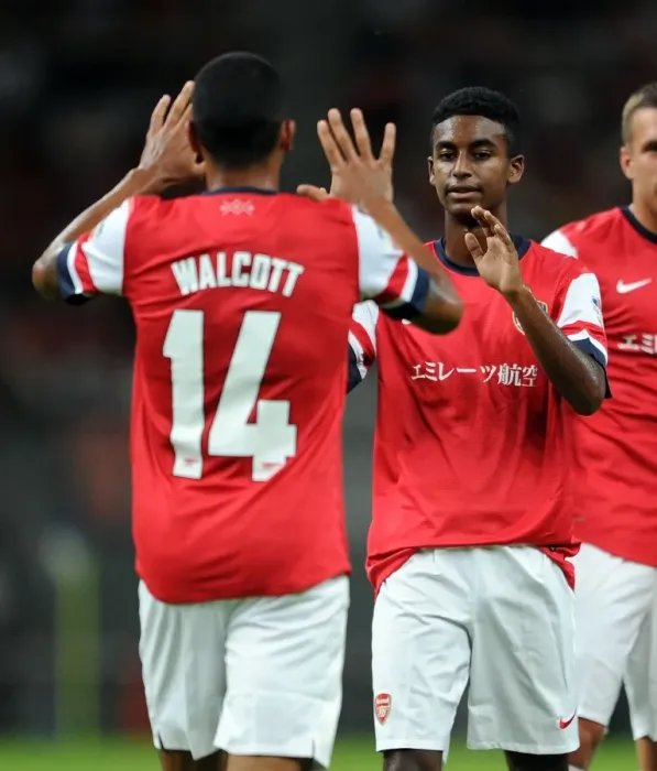 Framed Print : Theo Walcott and Gedion Zelalem Celebrate Goal for Arsenal against Nagoya Grampus in Japan, 2013