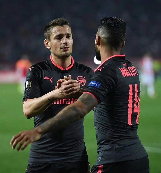 Theo Walcott and Mathieu Debuchy: Arsenal's Post-Match Moment at Red Star Belgrade, 2017