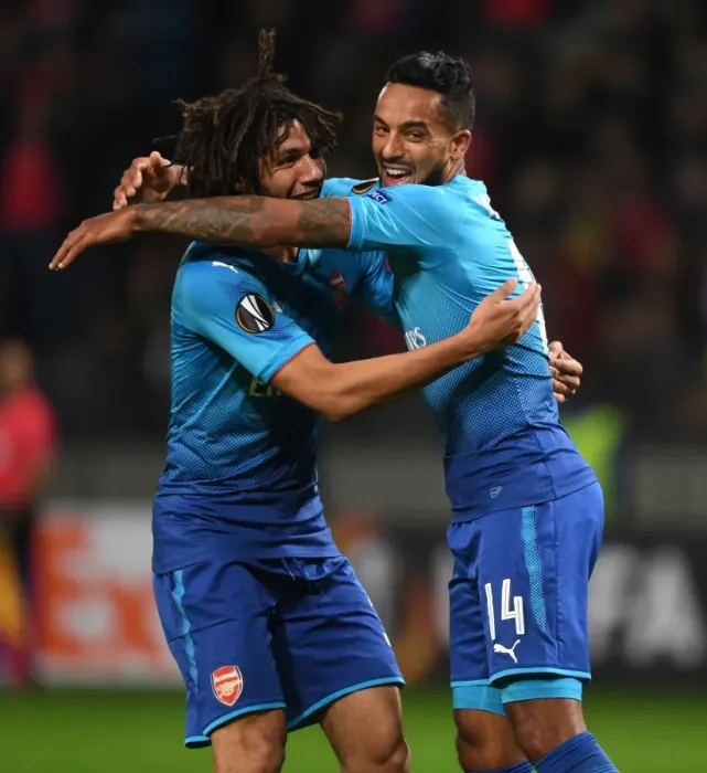Framed Print : Theo Walcott and Mohamed Elneny Celebrate Arsenal's Goals Against BATE Borisov in Europa League Framed Print : Theo Walcott and Mohamed Elneny Celebrate Arsenal's Goals Against BATE Borisov in Europa League