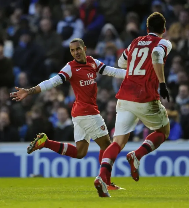 Framed Print : Theo Walcott and Olivier Giroud Celebrate Goals: Brighton & Hove Albion vs. Arsenal, FA Cup 2012-13