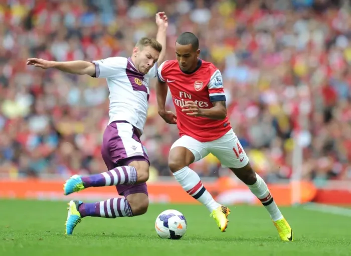 Framed Print : Theo Walcott Outmaneuvers Andreas Weimann: Arsenal vs Aston Villa, Premier League 2013-14