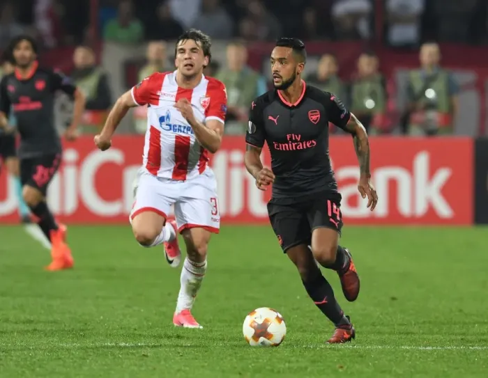 Framed Print : Theo Walcott Outmaneuvers Filip Stojkovic in Arsenal's Europa League Clash vs Crvena Zvezda Framed Print : Theo Walcott Outmaneuvers Filip Stojkovic in Arsenal's Europa League Clash vs Crvena Zvezda