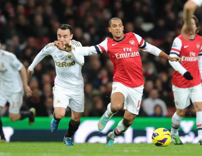 Framed Print : Theo Walcott Outmaneuvers Leon Britton: Arsenal vs Swansea City, Premier League 2012-13 Framed Print : Theo Walcott Outmaneuvers Leon Britton: Arsenal vs Swansea City, Premier League 2012-13