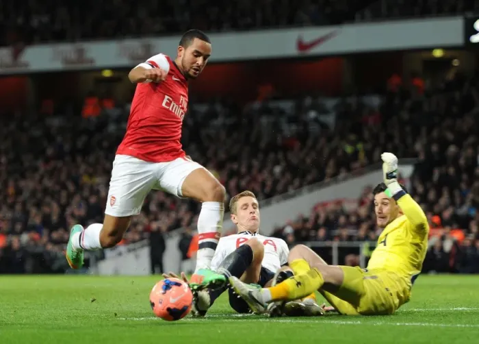 Framed Print : Theo Walcott Outmaneuvers Michael Dawson and Hugo Lloris in Arsenal's FA Cup Clash Against Tottenham