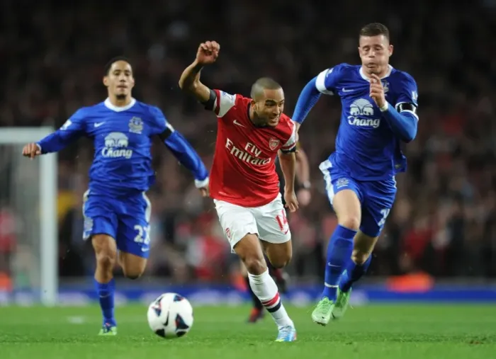 Framed Print : Theo Walcott Outpaces Ross Barkley: Arsenal vs Everton, Premier League 2012-13