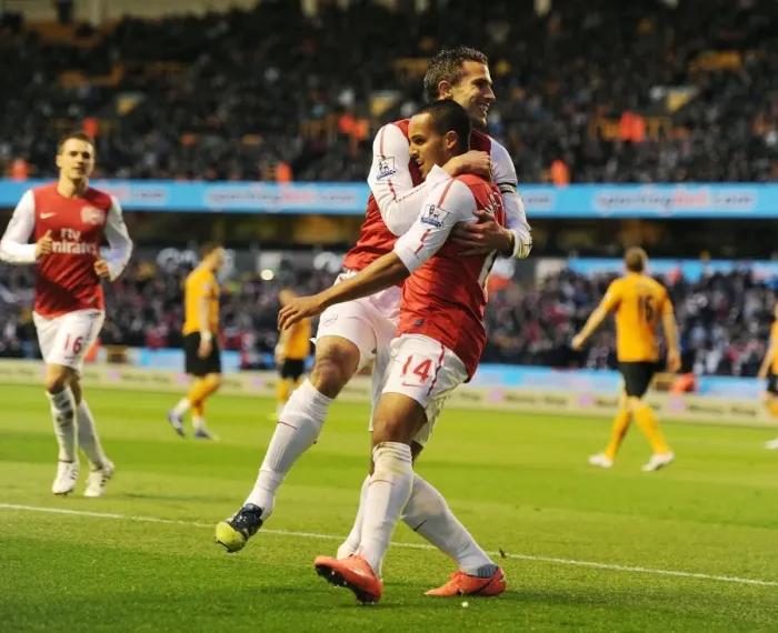 Framed Print : Theo Walcott and Robin van Persie Celebrate Goals: Wolverhampton Wanderers vs. Arsenal, Premier League 2011-12 Framed Print : Theo Walcott and Robin van Persie Celebrate Goals: Wolverhampton Wanderers vs. Arsenal, Premier League 2011-12