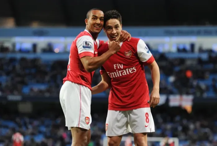 Framed Print : Theo Walcott and Samir Nasri celebrate the 3rd Arsenal goal, scored by Nicklas Bendtner Framed Print : Theo Walcott and Samir Nasri celebrate the 3rd Arsenal goal, scored by Nicklas Bendtner