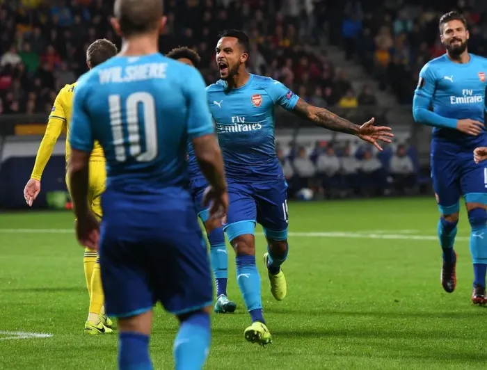 Framed Print : Theo Walcott Scores First Goal: Arsenal FC Triumphs Over BATE Borisov in Europa League