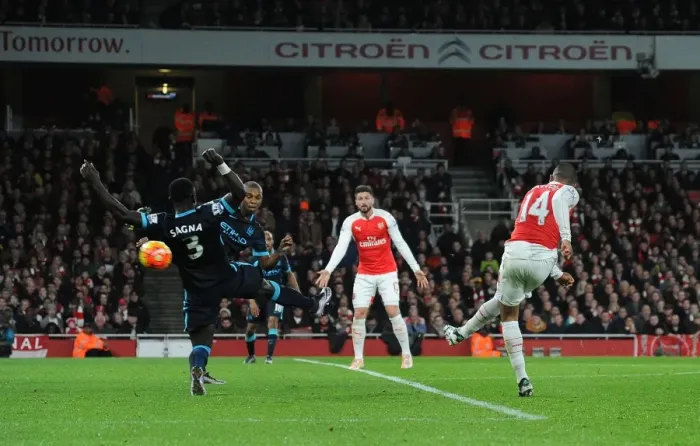 Framed Print : Theo Walcott Scores First Goal: Arsenal vs Manchester City, Premier League 2015-16