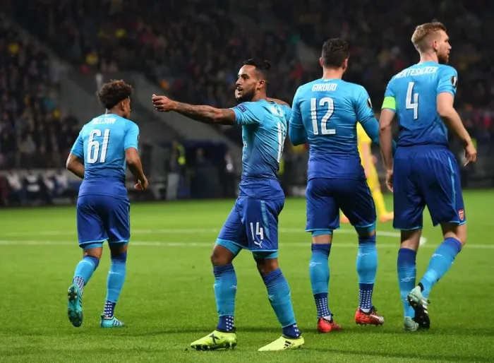 Framed Print : Theo Walcott Scores First Goal: Arsenal's Europa League Victory over BATE Borisov