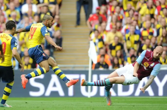 Framed Print : Theo Walcott Scores the Opener: Arsenal vs. Aston Villa FA Cup Final 2015 (Walcott vs. Hutton)