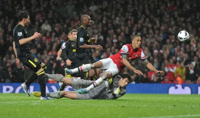 Framed Print : Theo Walcott Scores Past Joel Robles: Arsenal vs Wigan Athletic, Premier League 2012-13 Framed Print : Theo Walcott Scores Past Joel Robles: Arsenal vs Wigan Athletic, Premier League 2012-13
