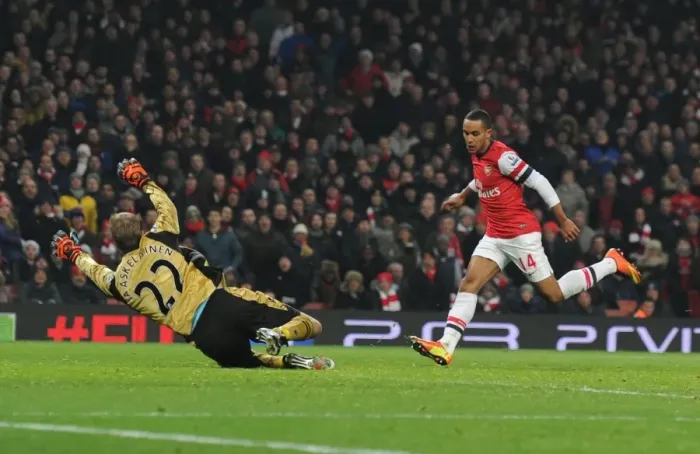 Framed Print : Theo Walcott Scores Past Jussi Jaskelainen: Arsenal's Fourth Goal vs. West Ham United (2013) Framed Print : Theo Walcott Scores Past Jussi Jaskelainen: Arsenal's Fourth Goal vs. West Ham United (2013)