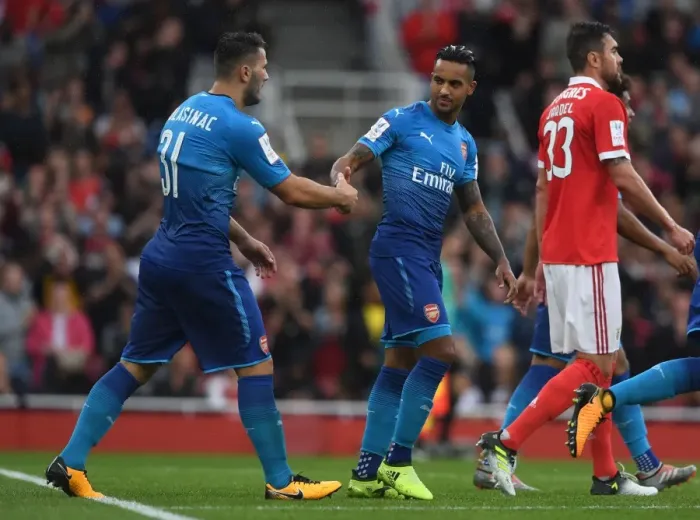 Framed Print : Theo Walcott and Sead Kolasinac Celebrate Arsenal's First Goal Against SL Benfica (Emirates Cup 2017-18) Framed Print : Theo Walcott and Sead Kolasinac Celebrate Arsenal's First Goal Against SL Benfica (Emirates Cup 2017-18)