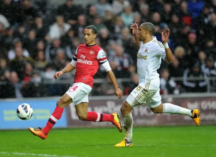 Framed Print : Theo Walcott vs Ashley Williams: Intense Battle at Swansea City's Liberty Stadium (Arsenal vs Swansea, Premier League 2012-13)