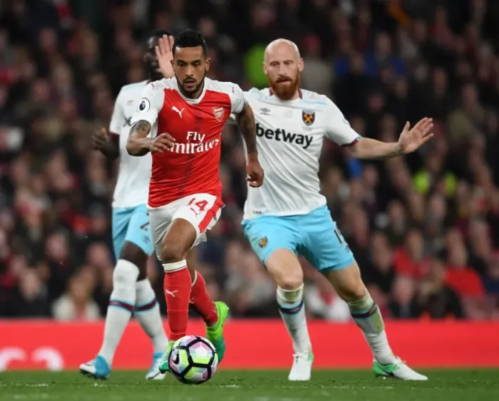 Framed Print : Theo Walcott vs. James Collins: Intense Battle at Arsenal v West Ham United, Premier League 2016-17