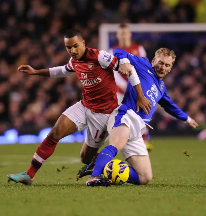 Framed Print : Theo Walcott vs. Tony Hibbert: Everton vs. Arsenal, Premier League Clash (2012-13)