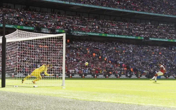 Framed Print : Theo Walcott's Decisive Penalty: Arsenal's FA Community Shield Triumph over Chelsea (2017) Framed Print : Theo Walcott's Decisive Penalty: Arsenal's FA Community Shield Triumph over Chelsea (2017)