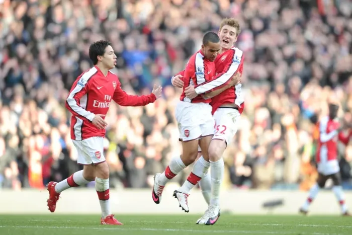 Framed Print : Theo Walcott's Double: Arsenal's Triumph over Burnley (3-1), Nasri and Bendtner in Celebration Framed Print : Theo Walcott's Double: Arsenal's Triumph over Burnley (3-1), Nasri and Bendtner in Celebration
