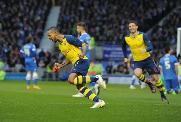 Framed Print : Theo Walcott's FA Cup Goal: Arsenal Celebrate at Brighton & Hove Albion Framed Print : Theo Walcott's FA Cup Goal: Arsenal Celebrate at Brighton & Hove Albion