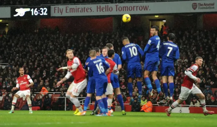 Framed Print : Theo Walcott's Free Kick: Arsenal vs. Cardiff City, Premier League 2013-14