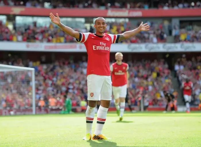 Framed Print : Theo Walcott's Goal Celebration: Arsenal vs. Galatasaray, Emirates Cup 2013