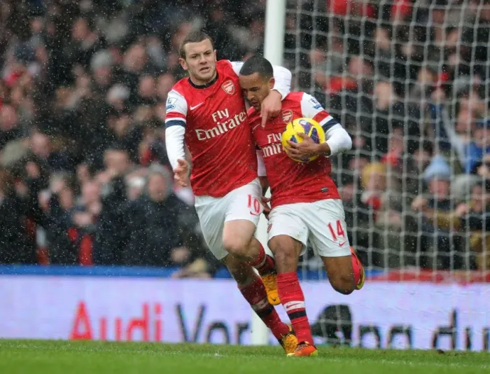 Framed Print : Theo Walcott's Goal: Chelsea vs. Arsenal, Premier League 2012-13 - Jack Wilshere's Congratulations