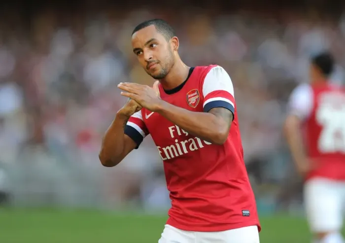 Framed Print : Theo Walcott's Respectful Chinese Goal Celebration: Arsenal's First in Kitchee FC Friendly, 2012
