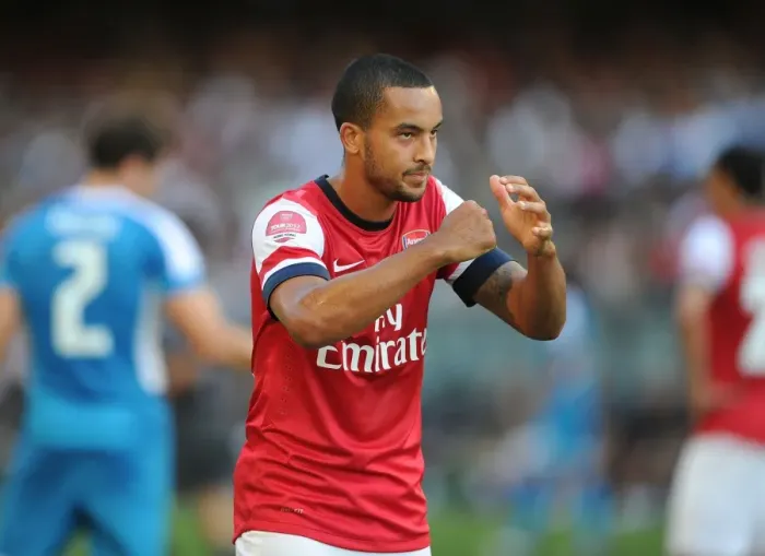 Framed Print : Theo Walcott's Respectful Chinese Goal Celebration: Arsenal's First in Kitchee FC Friendly, 2012