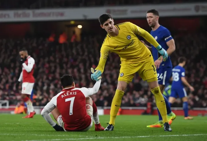 Framed Print : Thibaut Courtois Consoles Distressed Alexis Sanchez Amidst Arsenal-Chelsea Rivalry