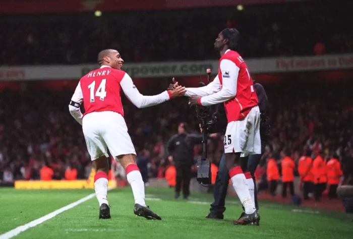 Framed Print : Thierry Henry and Emmanuel Adebayor: Unforgettable Moment as Arsenal Takes a 2-1 Lead Over Manchester United