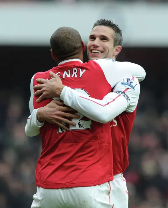 Framed Print : Thierry Henry and Robin van Persie Celebrate Goals: Arsenal vs. Blackburn Rovers, 2012