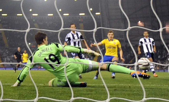 Framed Print : Thomas Eisfeld Scores the Winner: Arsenal Triumphs over West Bromwich Albion in Capital One Cup