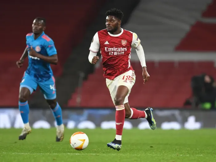 Framed Print : Thomas Partey in Action: Arsenal vs. Olympiacos - Europa League, London 2021 (Behind Closed Doors)