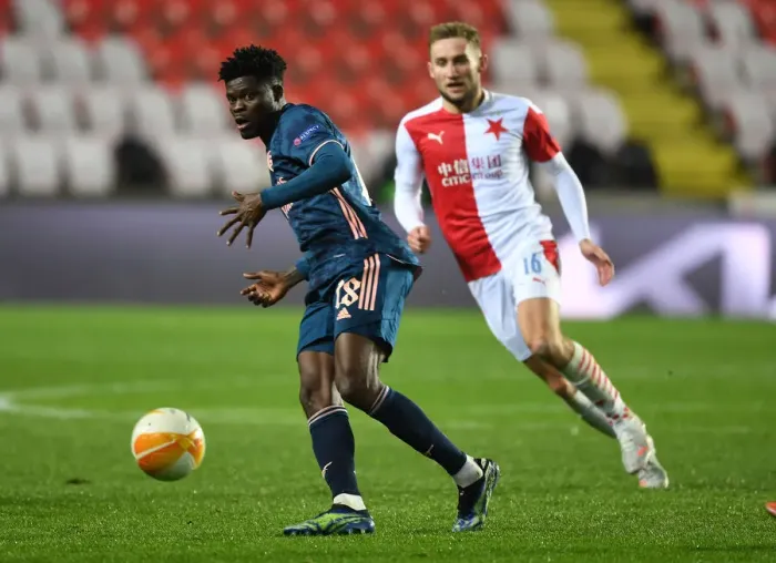 Framed Print : Thomas Partey in Action: Arsenal's Europa League Quarterfinal at Slavia Praha in Prague (Behind Closed Doors)