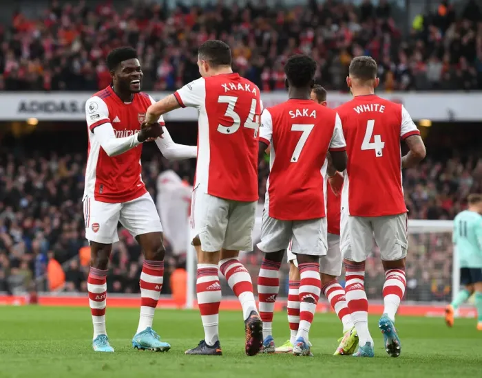 Framed Print : Thomas Partey and Granit Xhaka Celebrate Arsenal's First Goal Against Leicester City (2021-22) Framed Print : Thomas Partey and Granit Xhaka Celebrate Arsenal's First Goal Against Leicester City (2021-22)