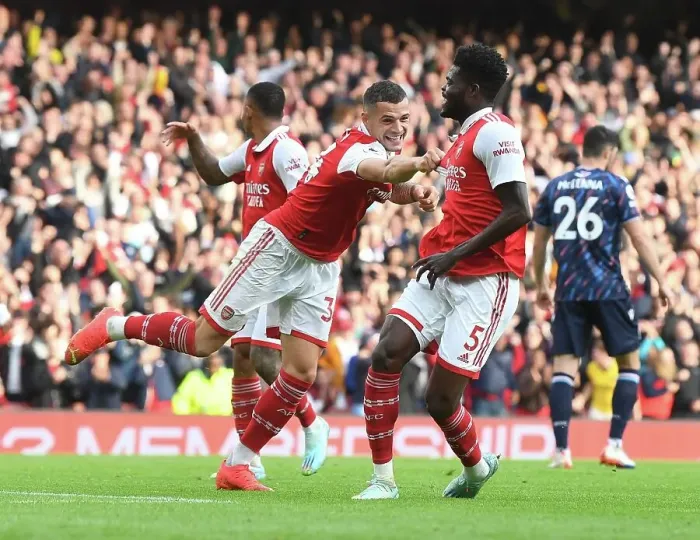 Framed Print : Thomas Partey and Granit Xhaka Celebrate Arsenal's Fourth Goal vs. Nottingham Forest (2022-23) Framed Print : Thomas Partey and Granit Xhaka Celebrate Arsenal's Fourth Goal vs. Nottingham Forest (2022-23)